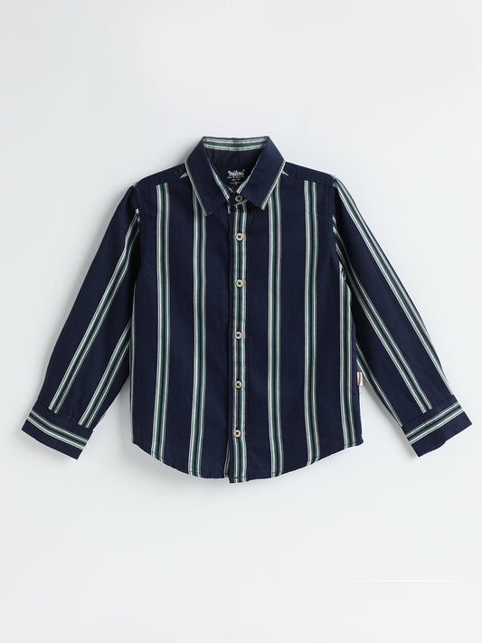 Milou Boys Full Sleeve Stripedd Bio-Washed Shirt Navy Blue Striped