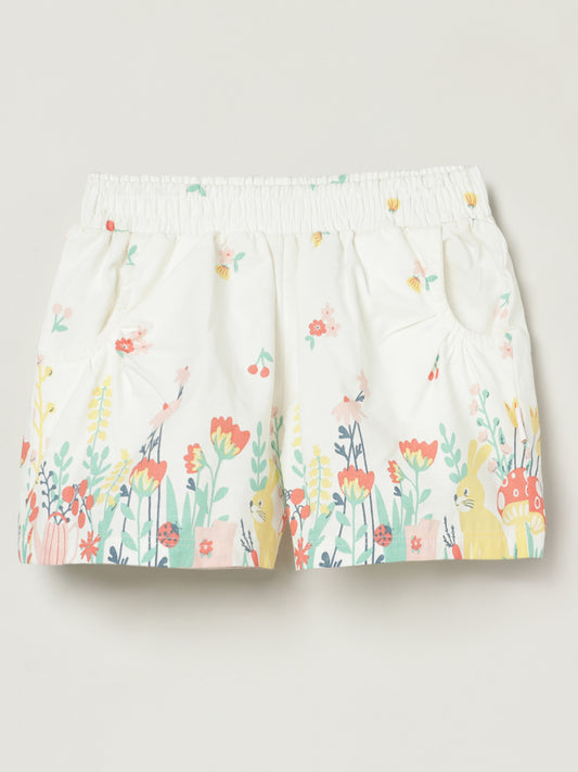 Milou Girls Cotton Printed Mid Thigh Length Shorts White Floral Print
