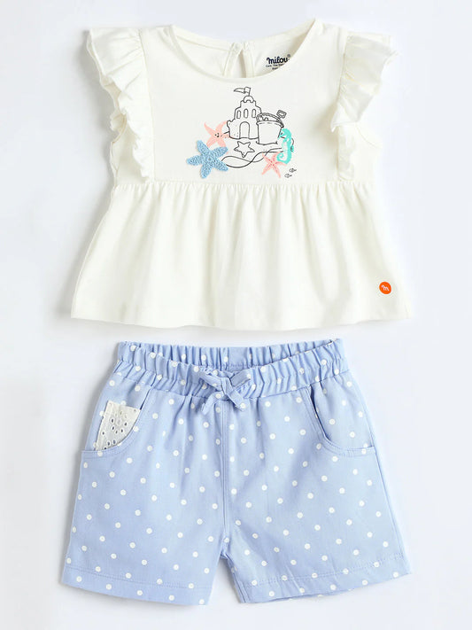 Milou Girls Cotton Top & Shorts Co-ord Set White & Blue Set