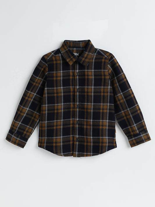 Milou Boys Full Sleeve Checked Bio-Washed Shirt Brown Check