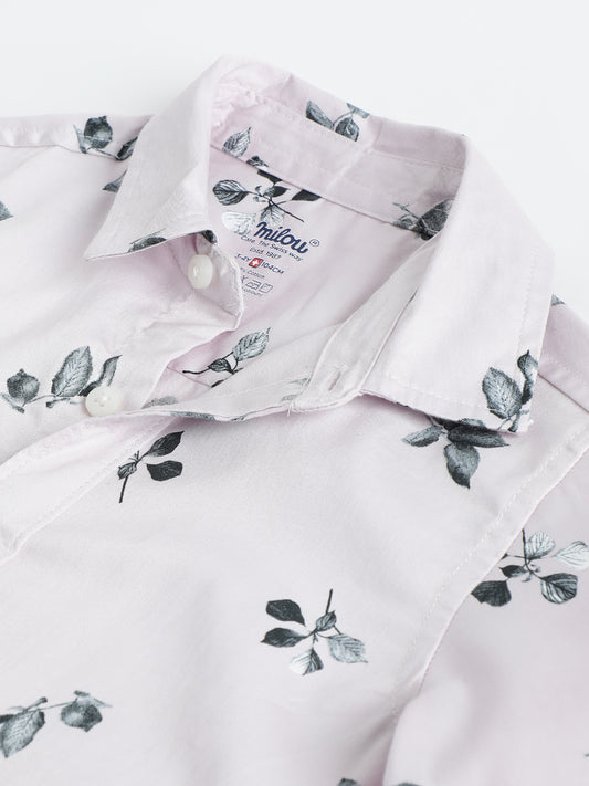 Milou Boys Full Sleeve Printed Bio-Washed Shirt Pink Leaf Print