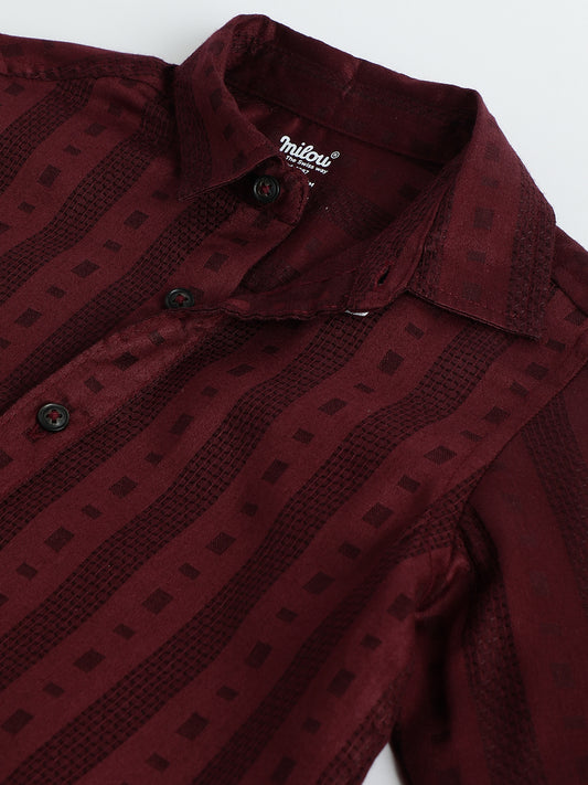 Milou Boys Full Sleeve Stripedd Bio-Washed Shirt Maroon Striped