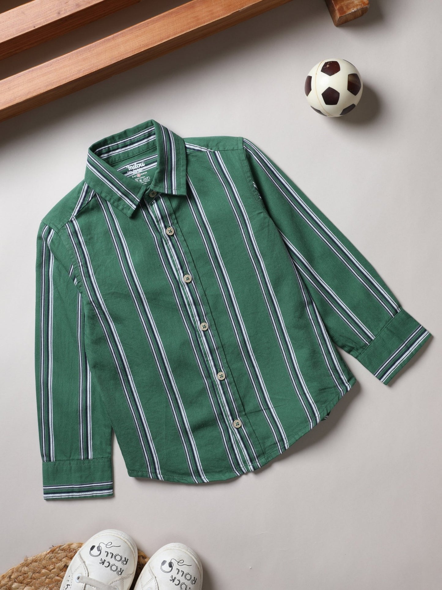 Milou Boys Full Sleeve Stripedd Bio-Washed Shirt Green Striped - Milou - Care. The Swiss Way