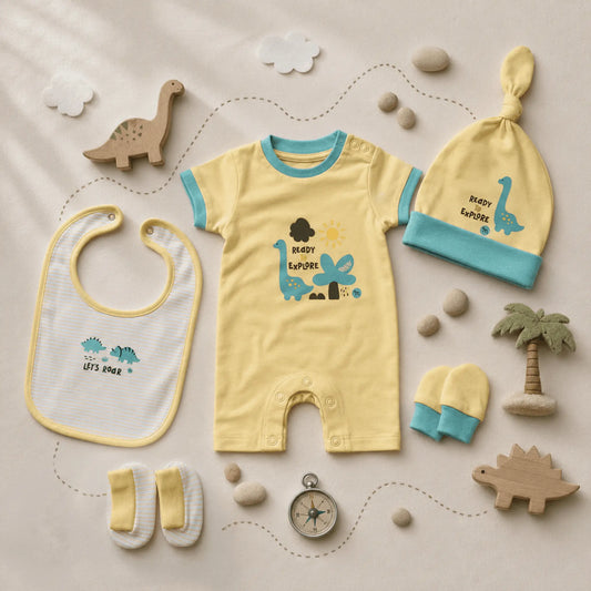 Milou Newborn 5-Piece Clothing Gift Set | Yellow | 0-3 Months | Dino Print - Milou - Care. The Swiss Way