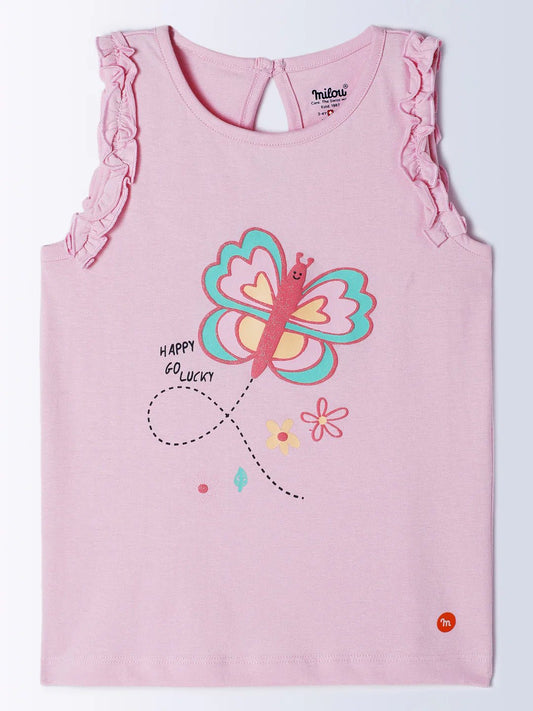 Milou Baby Girls Pink Sleeveless Cotton Top Butterfly Print - Milou - Care. The Swiss WayTops & T-shirts