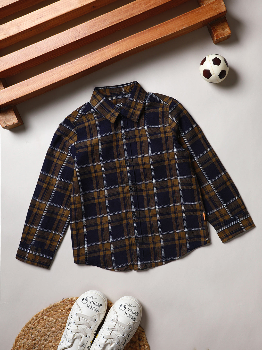 Milou Boys Full Sleeve Checked Bio-Washed Shirt Brown Check
