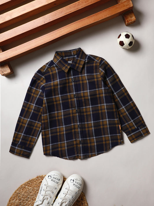 Milou Boys Full Sleeve Checked Bio-Washed Shirt Brown Check