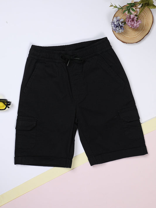 Milou Kids Cotton Solid Bio Washed Black Coloured woven Shorts for Boys -TBNCSH064-BK