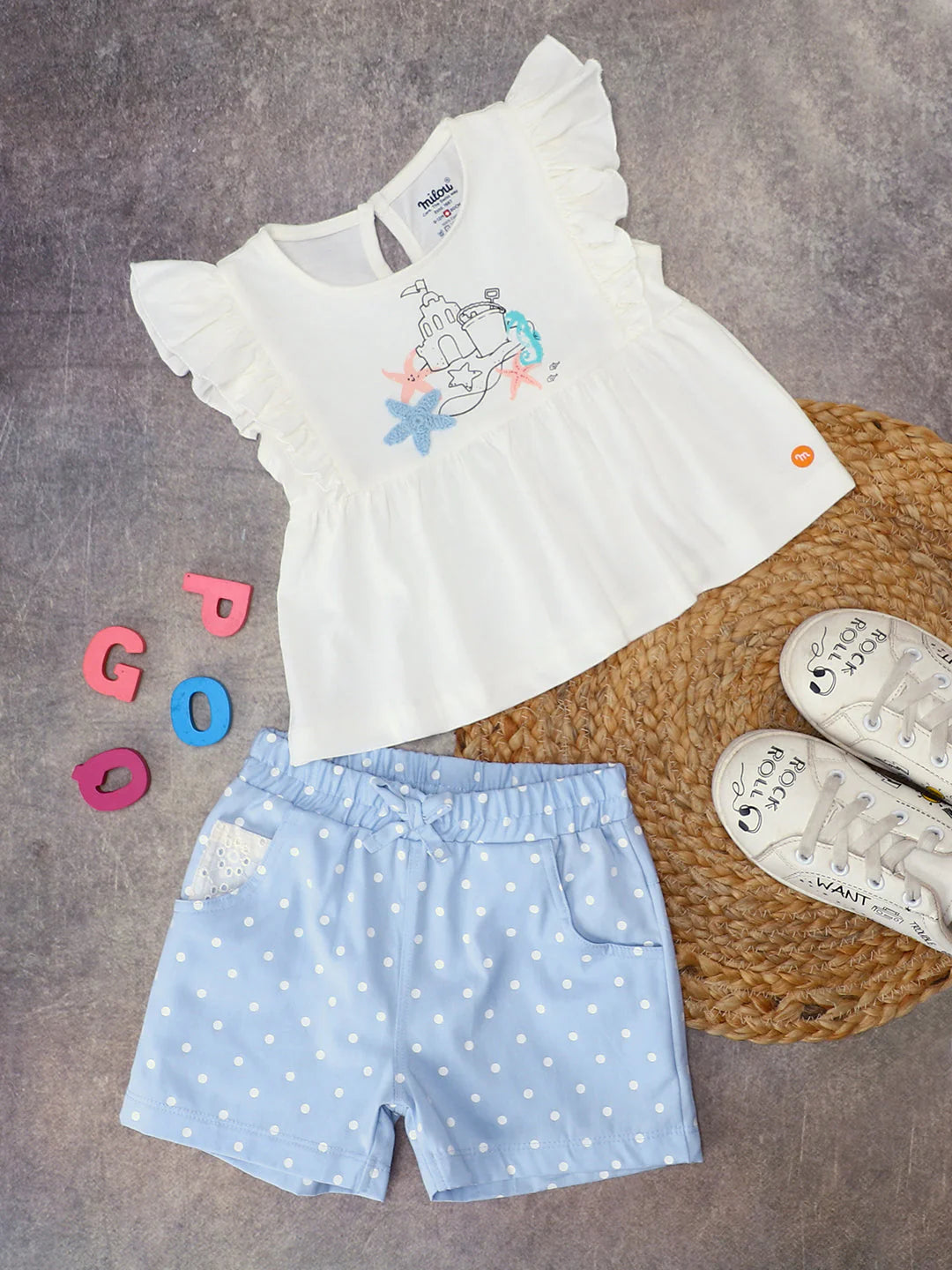 Milou Girls Cotton Top & Shorts Co-ord Set White & Blue Set