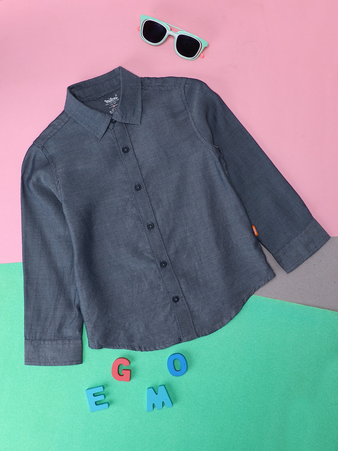 Milou Kids Cotton Full Sleeves Solid Bio Washed Shirt for Boys-SH-RE014-INBLB