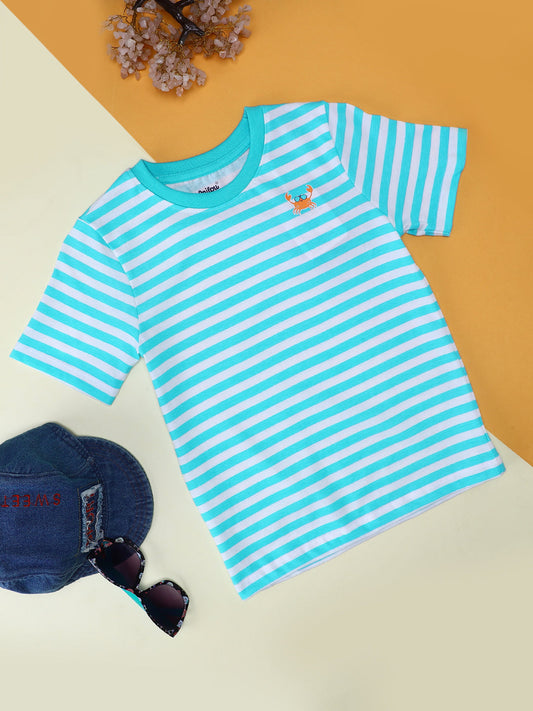 Milou Cotton Half Sleeves Bio Washed striped T-Shirt -MGBTB015-AQBT