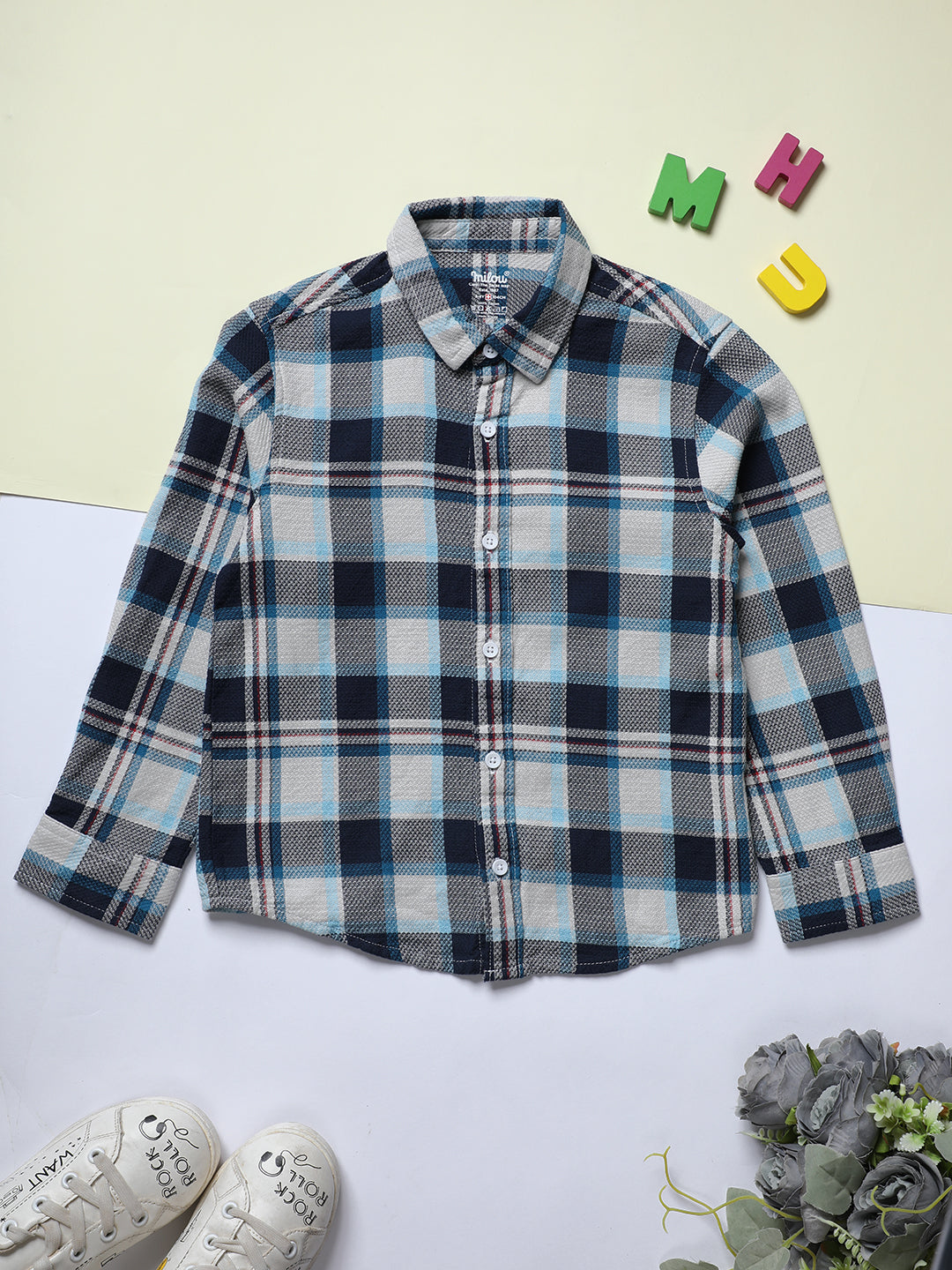 Milou Boys Full Sleeve Checked Bio-Washed Shirt Blue Check