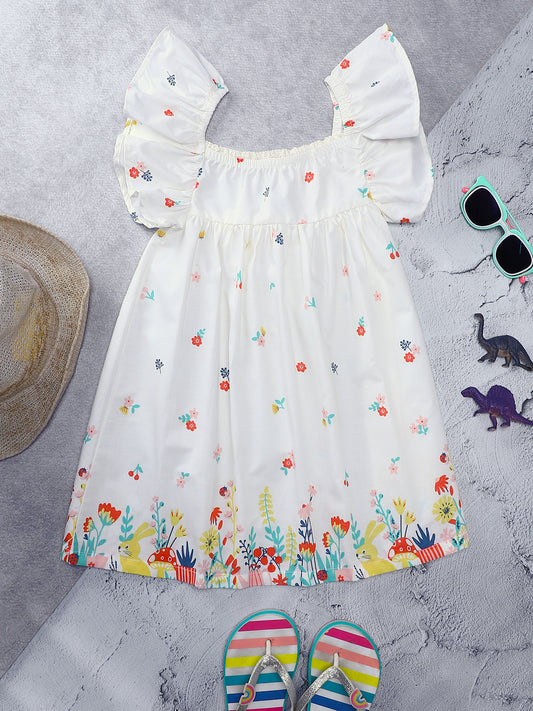 Milou Toddler Girls Cotton Printed Dress White Floral Print