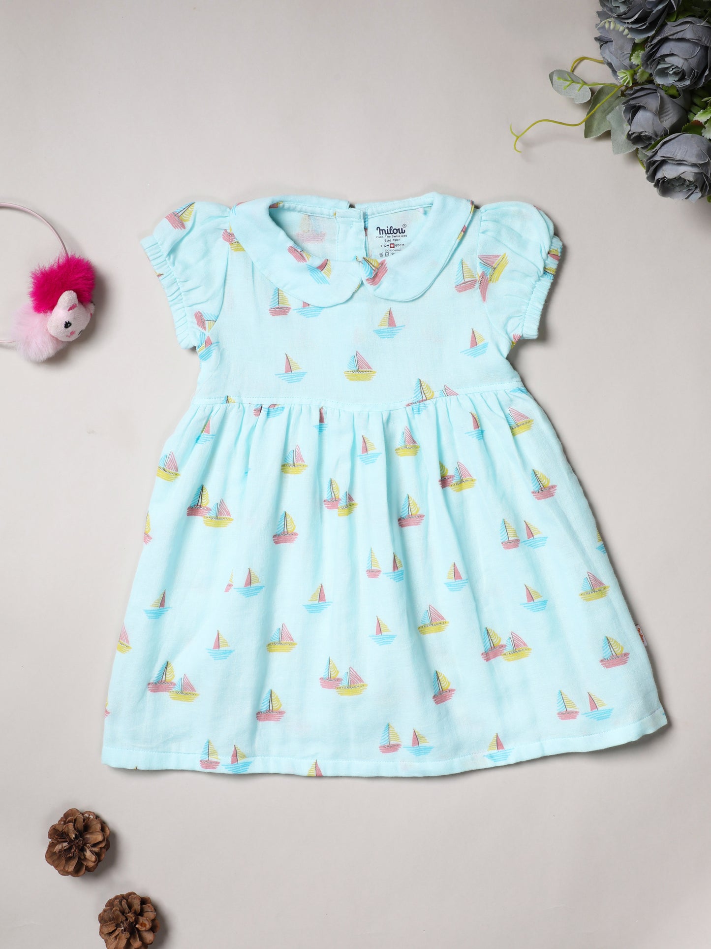 Milou Girls Blue Printed Cotton Dress