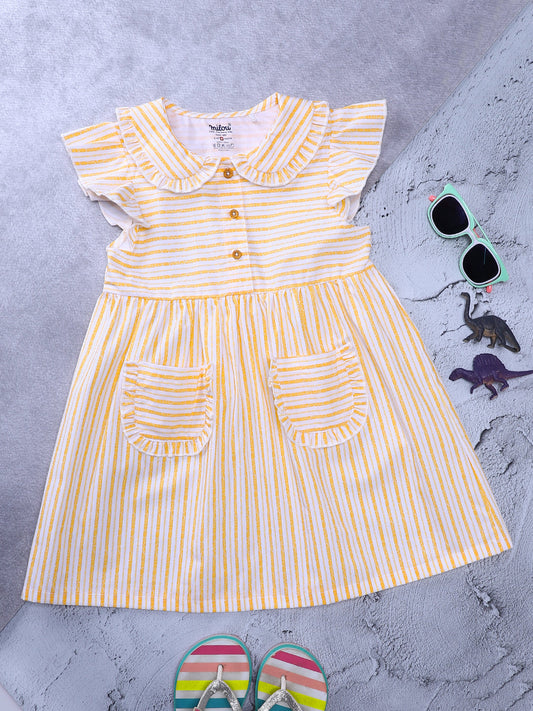 Milou Cotton Striped Dress -TBDRS051-YLWHSTP