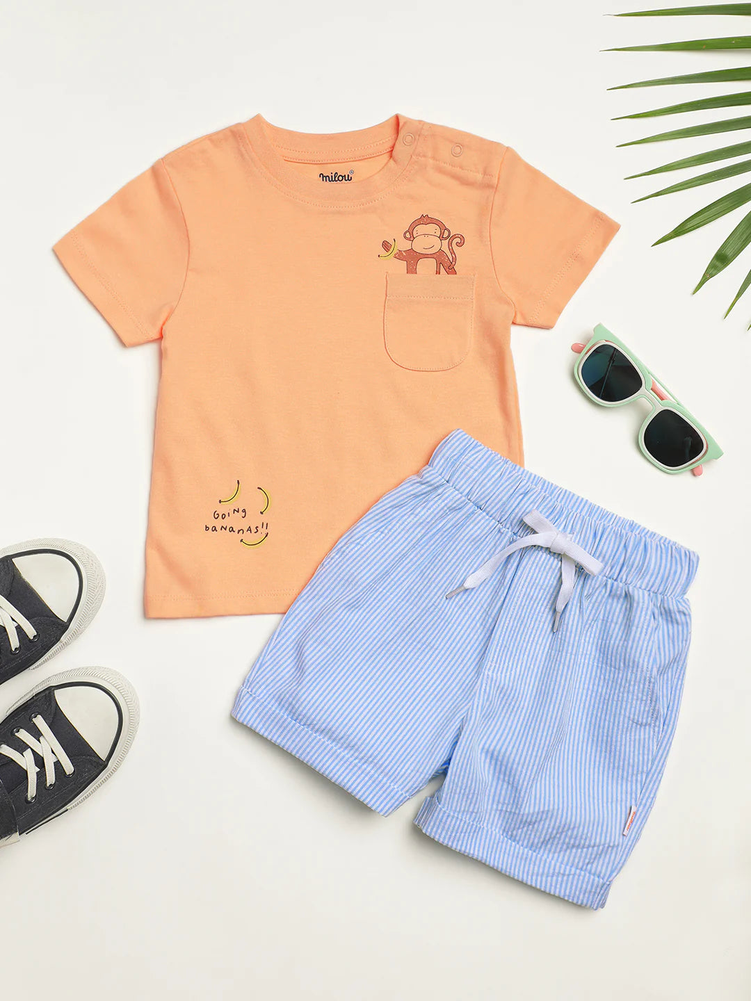 Milou Boys Bio-Washed T-Shirt & Shorts Set Peach & Blue