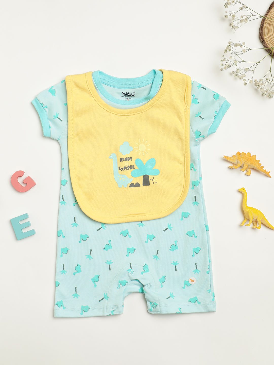 Milou Kids Cotton Bio Washed Self-Designed Printed Romper with Bib for Unisex - Light Green