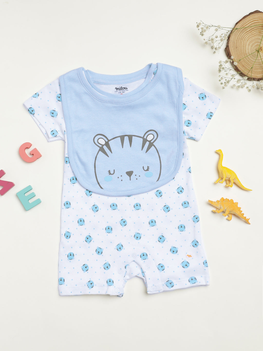 Milou Kids Cotton Bio Washed Self-Designed Printed Romper with Bib for Boys - White