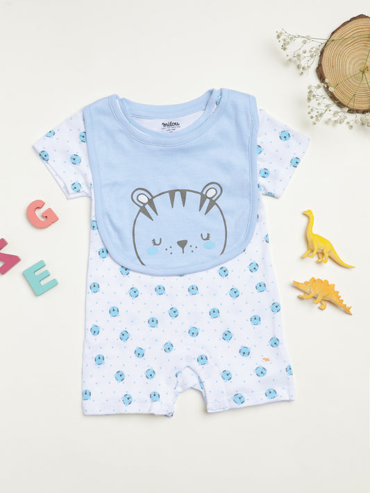Milou Kids Cotton Bio Washed Self-Designed Printed Romper with Bib for Boys - White
