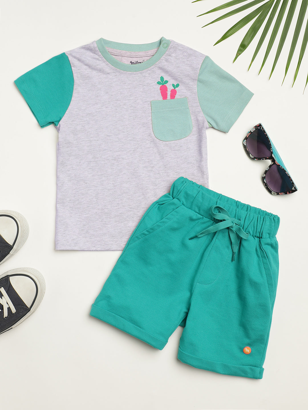 Milou Kids Cotton Bio Washed Half Sleeve Solid Bio Washed Tshirt & Shorts Co-ord Set for Boys - White & Green