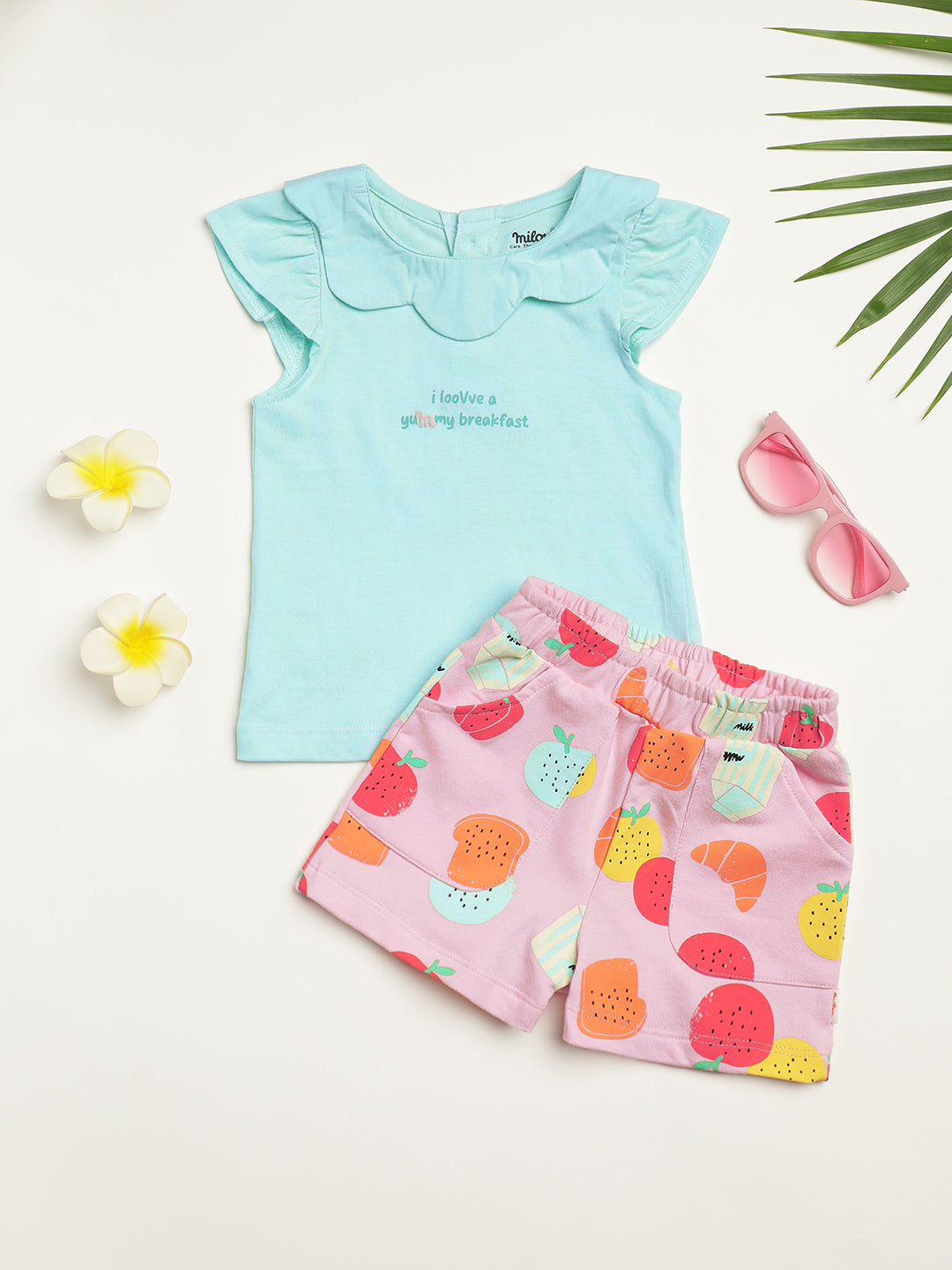 Milou Kids Cotton Bio Washed Self-Designed Top & Shorts Co-ord Set for Girls - Aqua & Pink