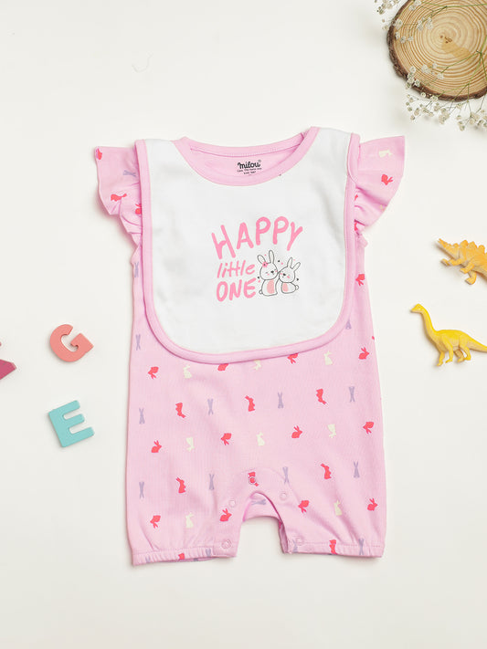 Milou Kids Cotton Bio Washed Self-Designed Printed Romper with Bib for Girls - Pink