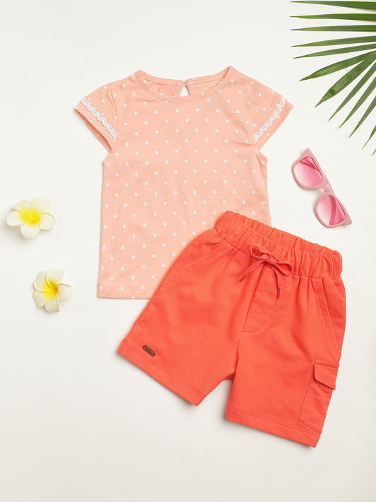 Milou Kids Cotton Solid Bio Washed Top & Shorts Co-ord Set for Girls - Peach & Grey