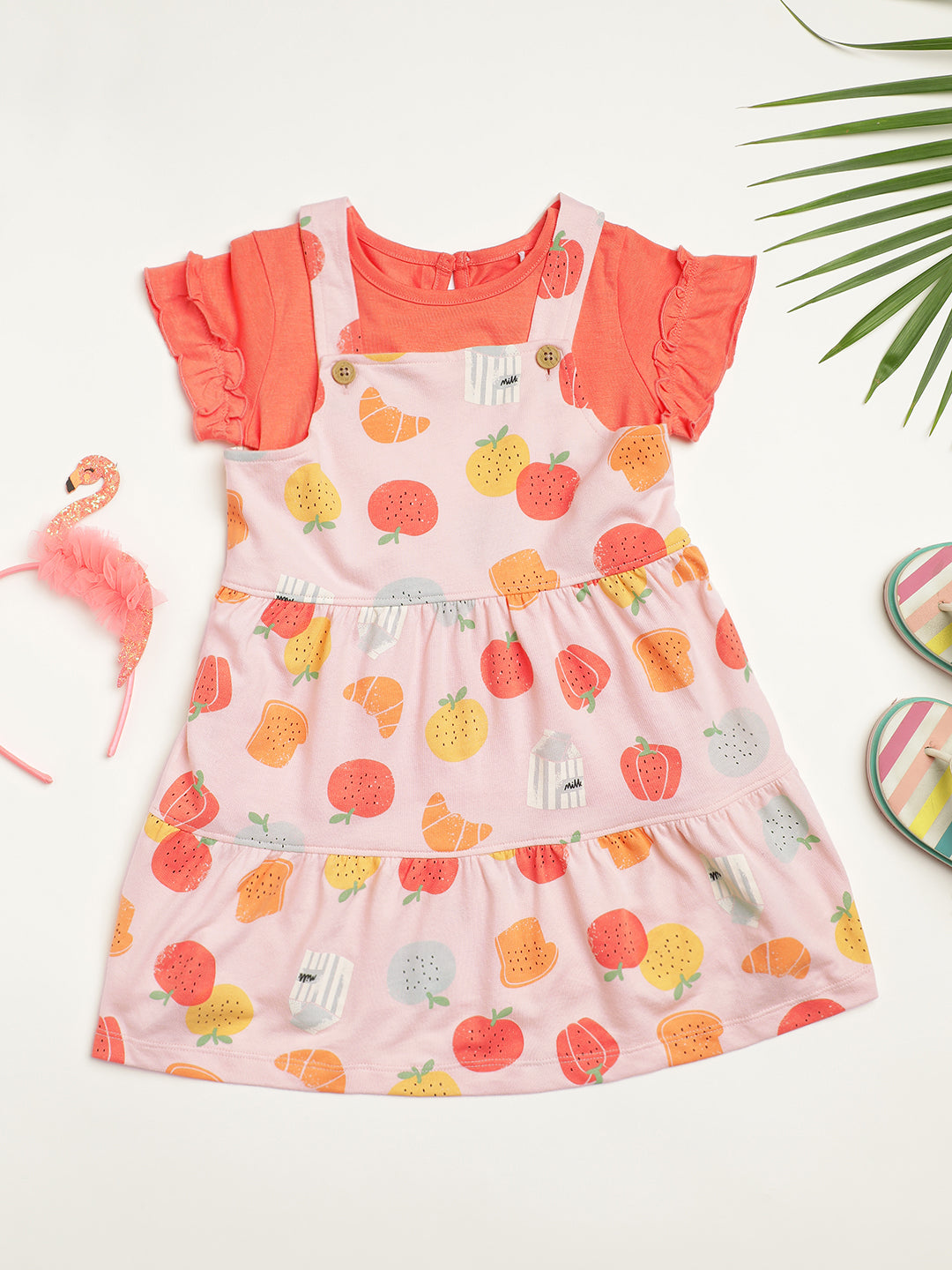 Milou Kids Cotton Bio Washed Printed Pinafore Set for Girls - Pink