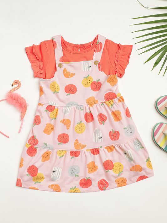 Milou Kids Cotton Bio Washed Printed Pinafore Set for Girls - Pink