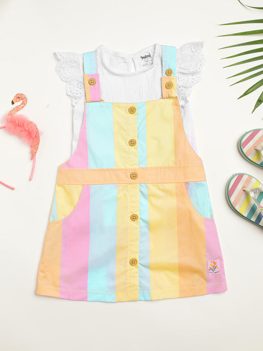 Milou Kids Cotton Self-Designed Solid Bio Washed Pinafore Set for Girls - White