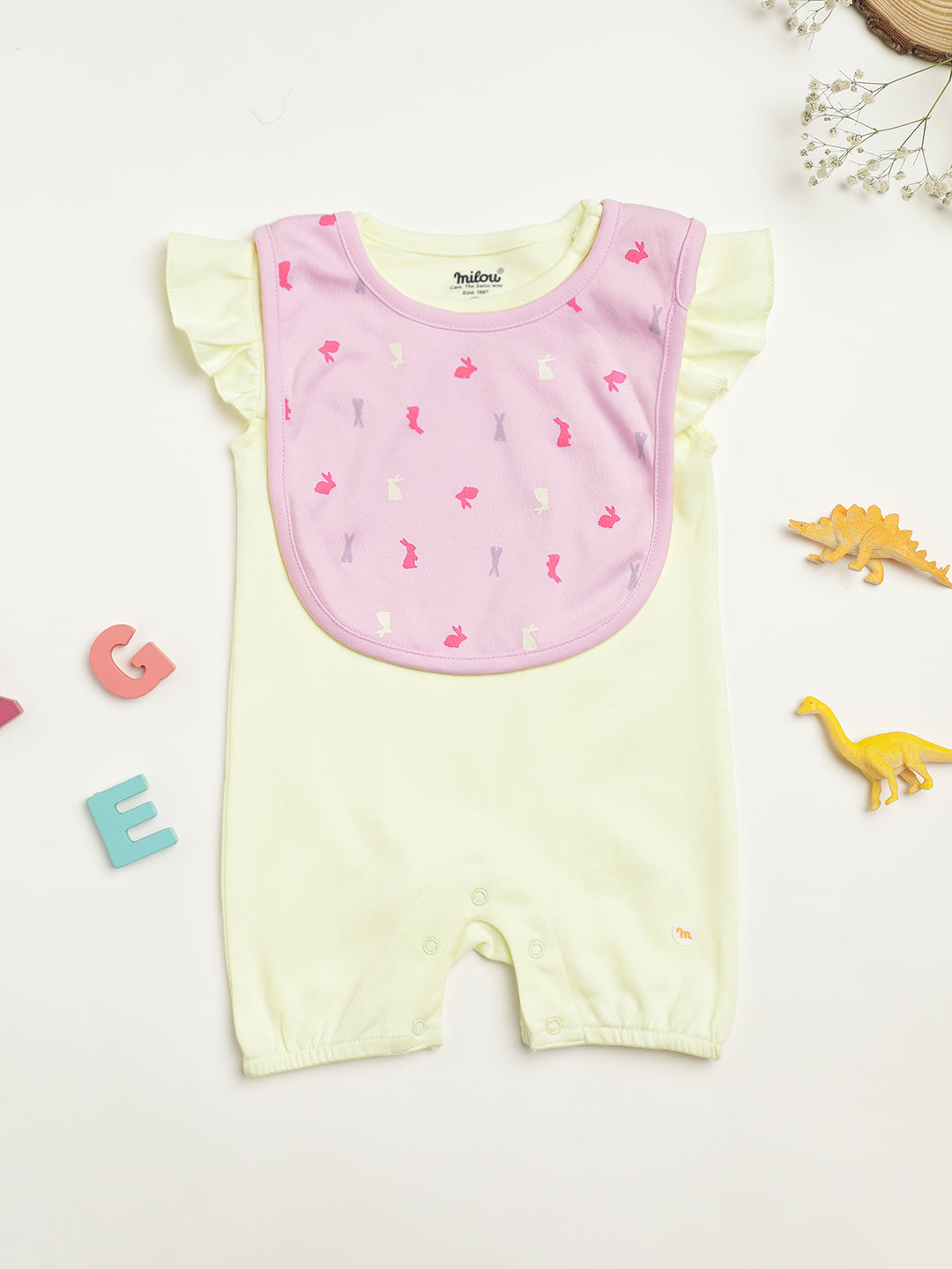 Milou Kids Cotton Bio Washed Self-Designed Printed Romper with Bib for Girls - Lemon Yellow