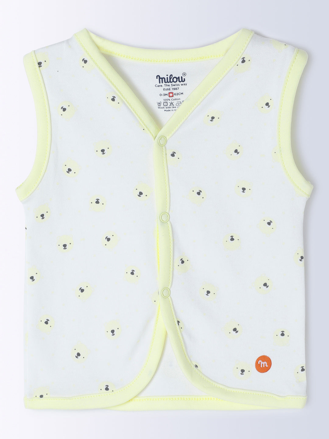 Milou Kids Cotton Bio Washed Bear Printed Pack of 3 Jabla for Boys & Girls - White