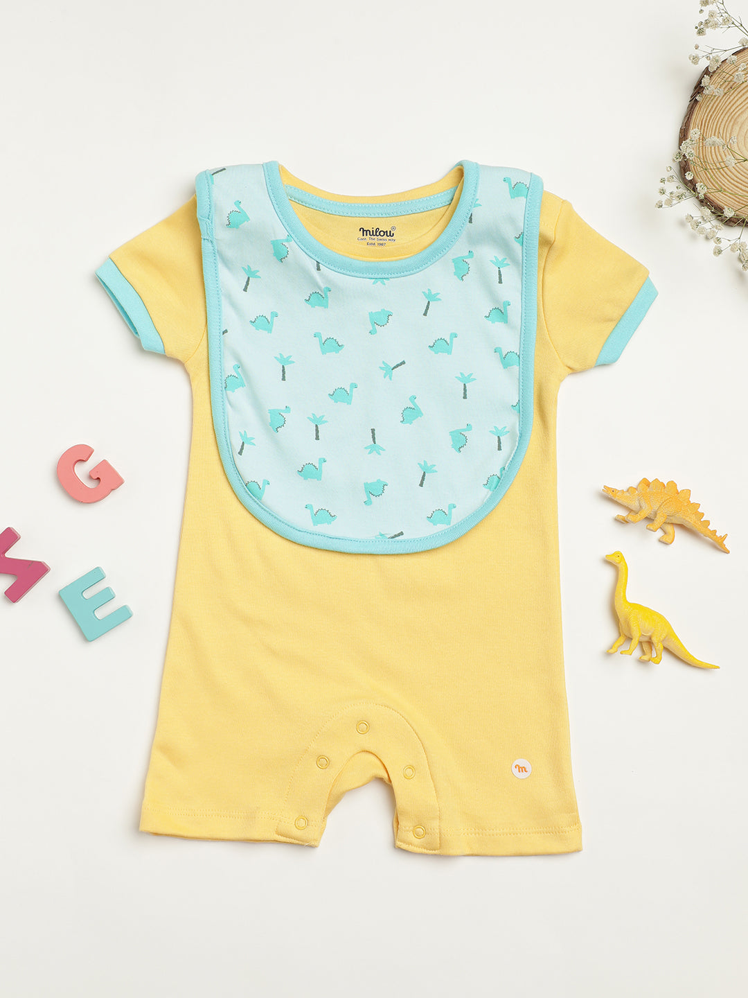 Milou Kids Cotton Bio Washed Self-Designed Printed Romper with Bib for Unisex - Yellow