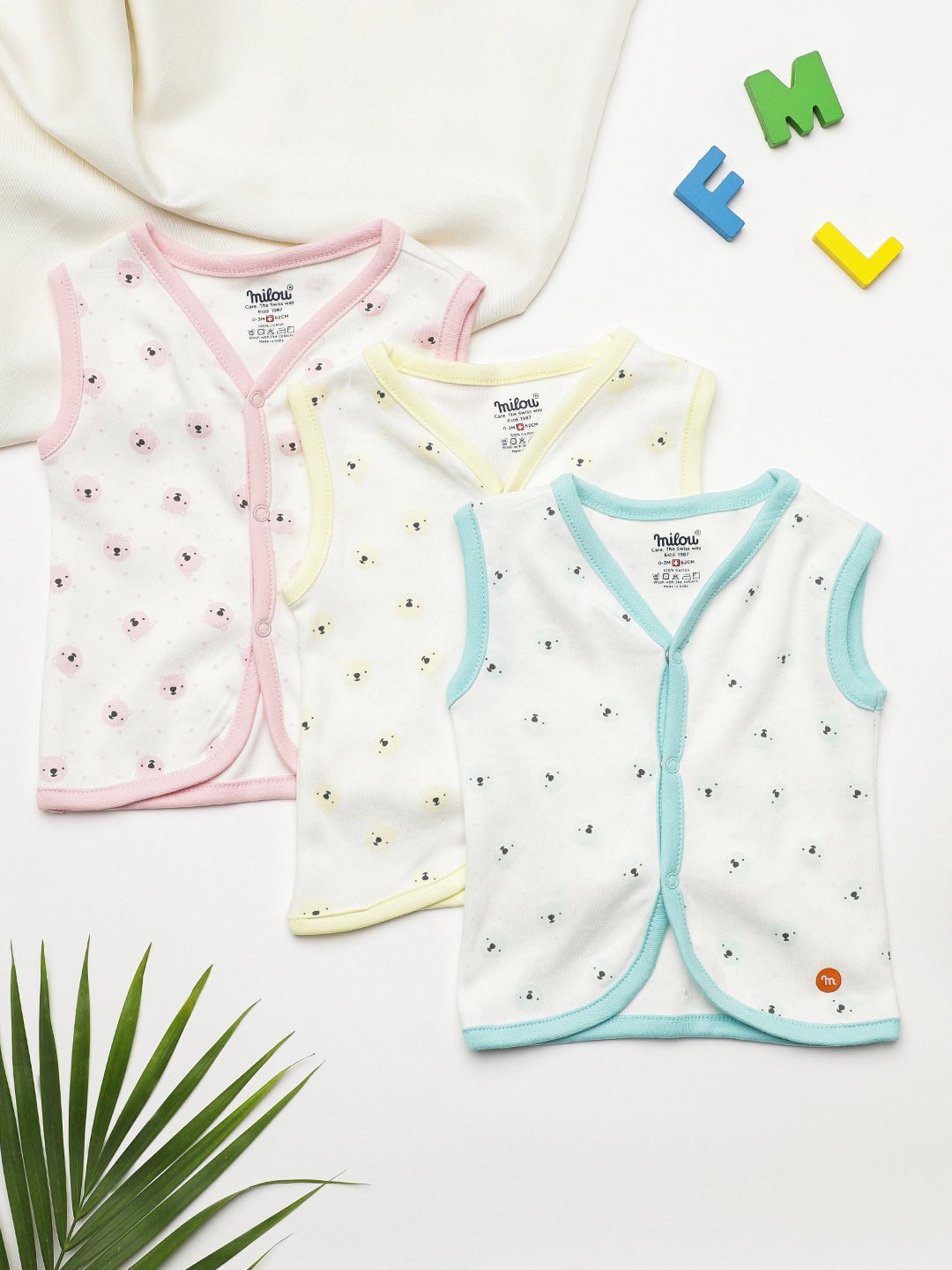 Milou Kids Cotton Bio Washed Bear Printed Pack of 3 Jabla for Boys & Girls - White