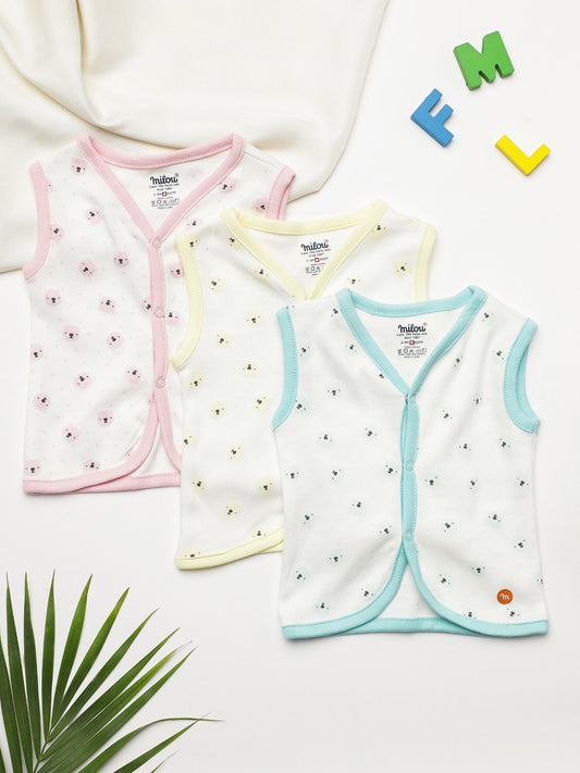 Milou Kids Cotton Bio Washed Bear Printed Pack of 3 Jabla for Boys & Girls - White
