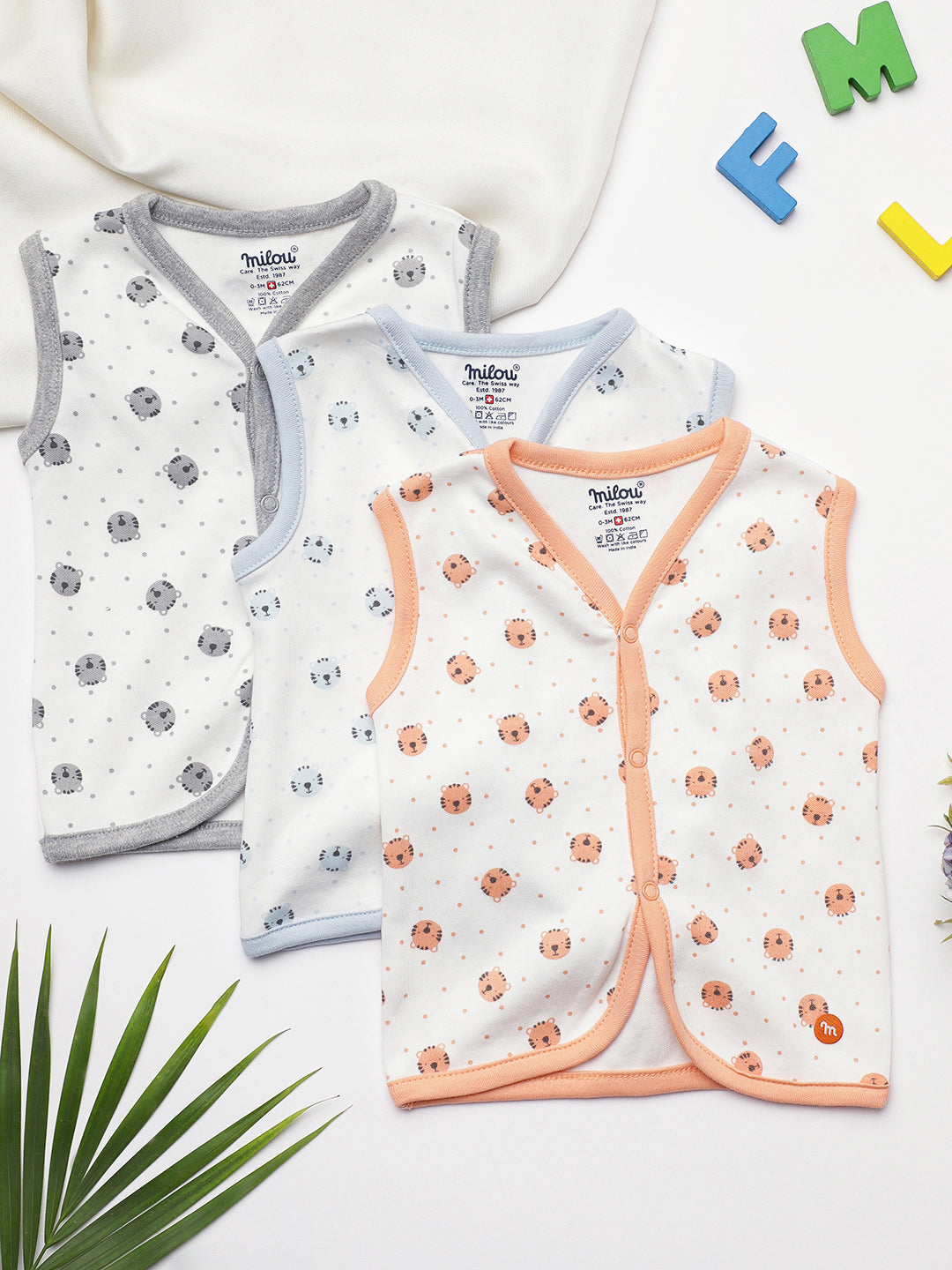 Milou Kids Cotton Bio Washed Bear Printed Pack of 3 Jabla for Boys & Girls - White