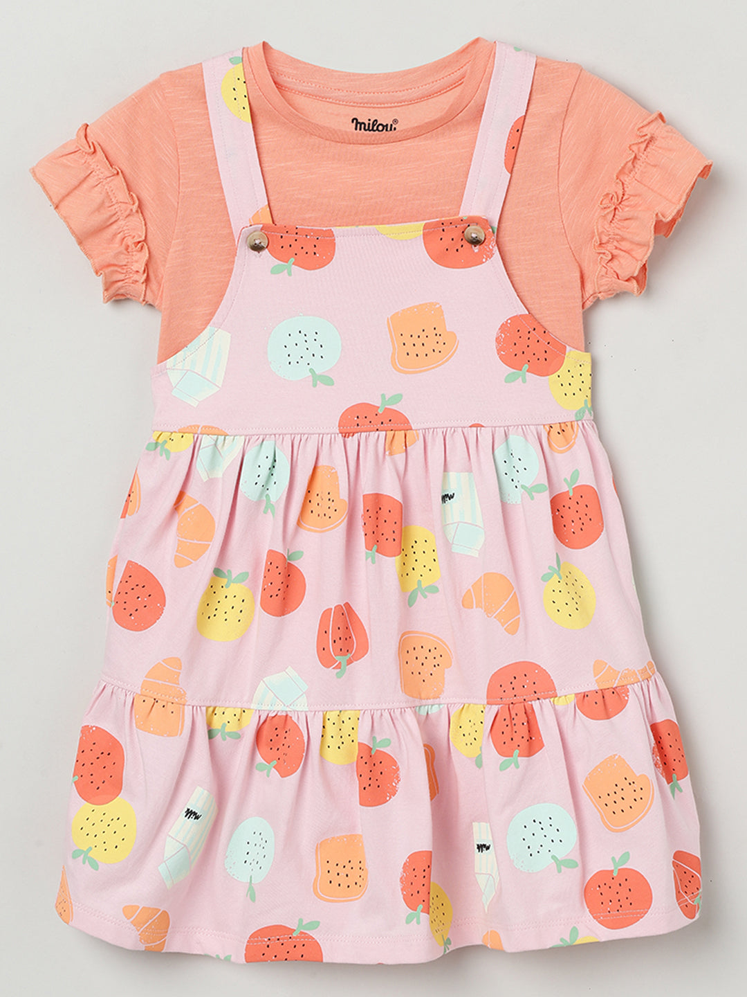Milou Girls Cotton Printed Pinafore Set Pink Fruit Print Set