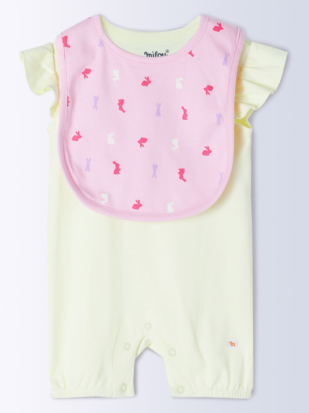 Milou Kids Cotton Bio Washed Self-Designed Printed Romper with Bib for Girls - Lemon Yellow