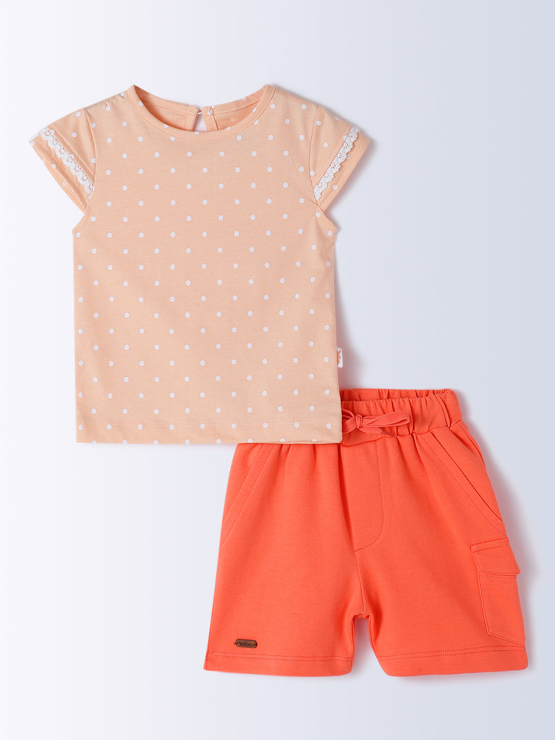 Milou Kids Cotton Solid Bio Washed Top & Shorts Co-ord Set for Girls - Peach & Grey