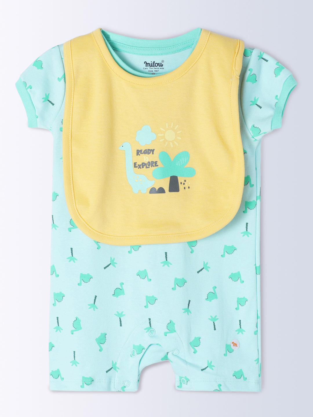Milou Kids Cotton Bio Washed Self-Designed Printed Romper with Bib for Unisex - Light Green