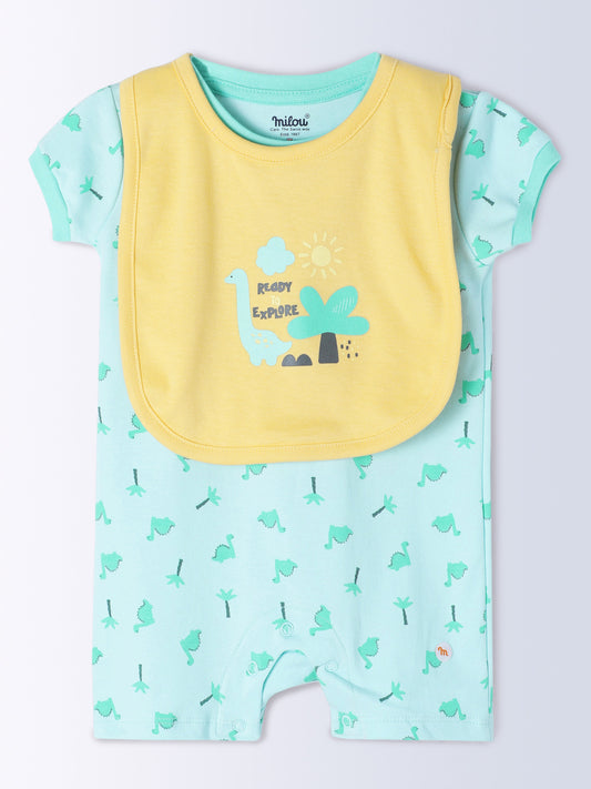 Milou Kids Cotton Bio Washed Self-Designed Printed Romper with Bib for Unisex - Light Green