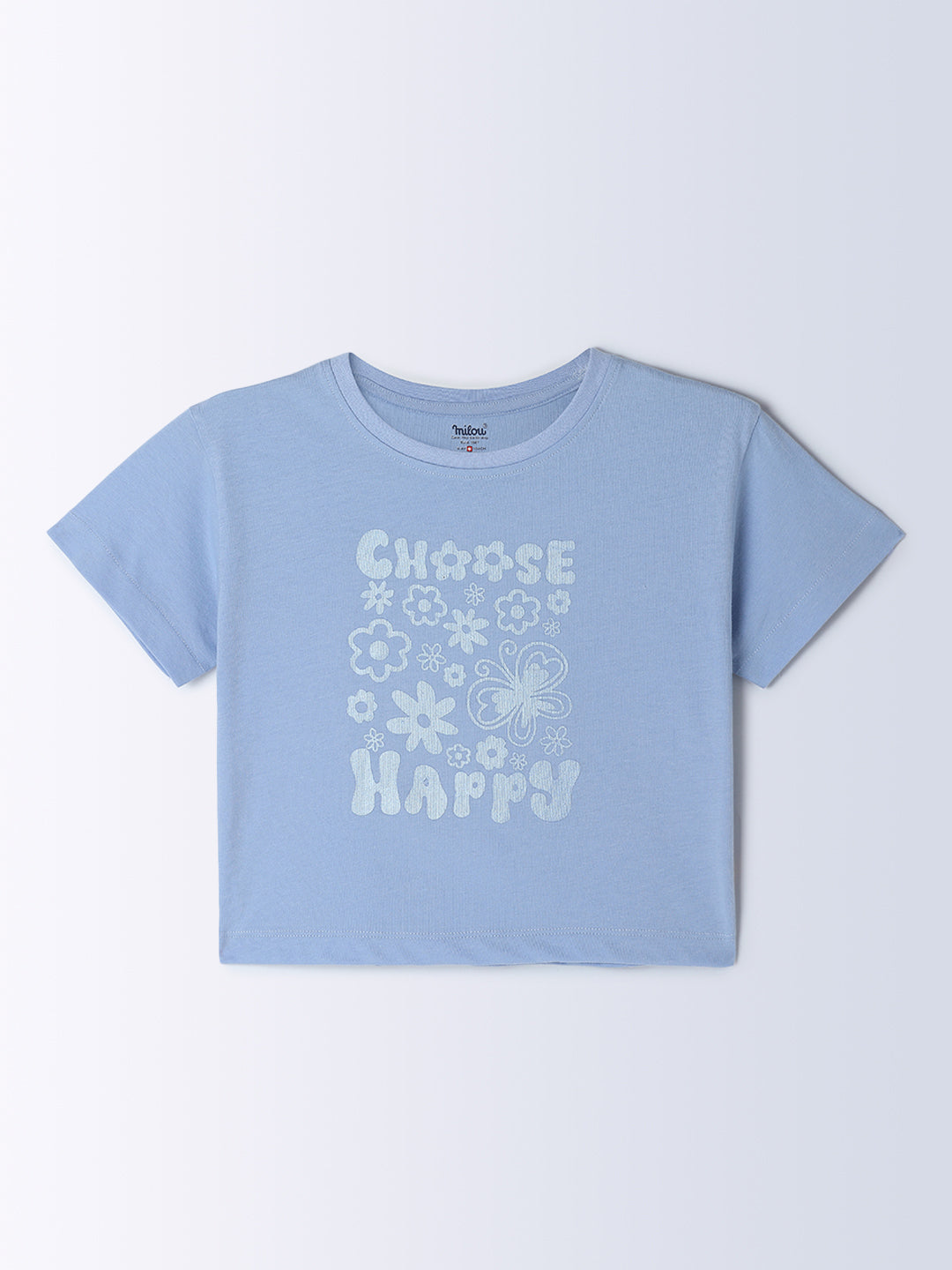 Milou Kids Cotton Half Sleeves Printed Crop Bio Washed Top for Girls -Blue