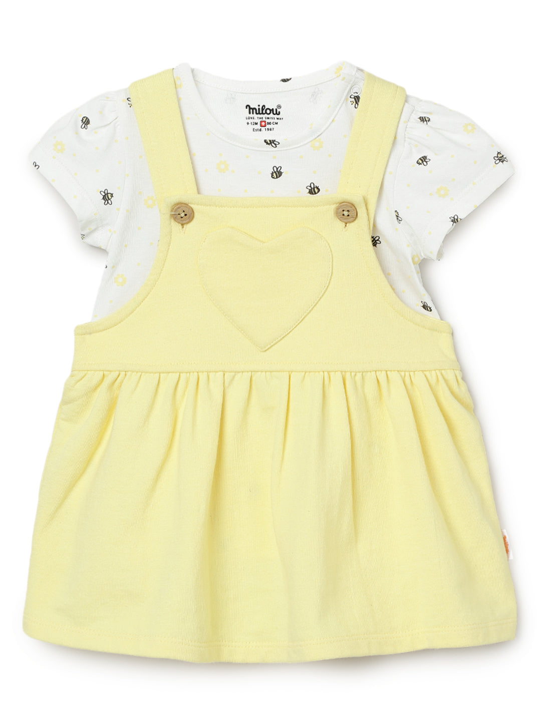 Milou Kids Cotton Bio Washed Self- Designed Pinafore Set for Girls -White & Yellow