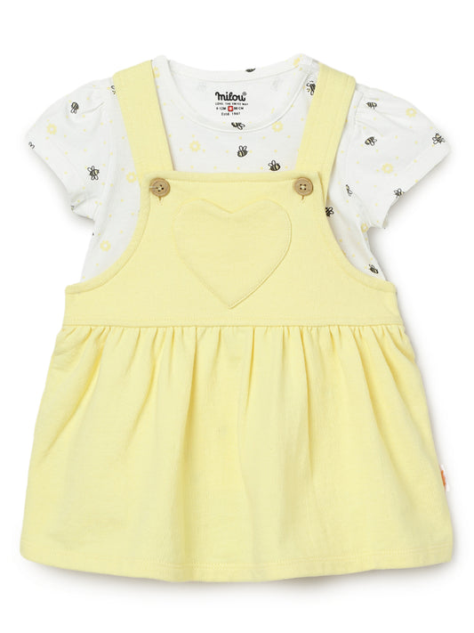 Milou Kids Cotton Bio Washed Self- Designed Pinafore Set for Girls -White & Yellow