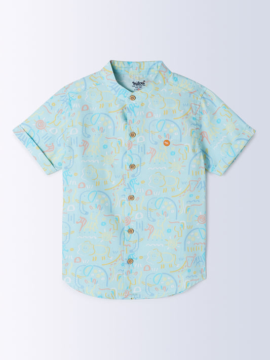 Milou Kids Cotton Bio Washed Half Sleeve Mandarin Collar Printed Shirt for Boys - Light Green