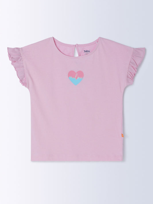 Milou Cotton Frilled Half Sleeves Bio Washed Placement Printed Top - Pink
