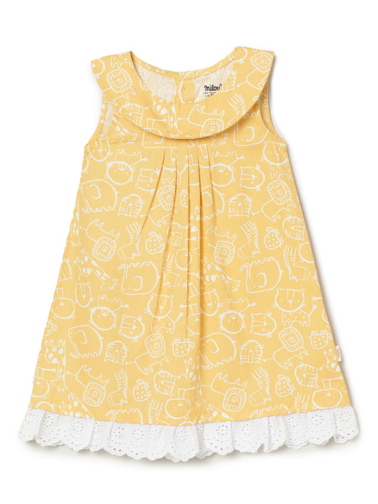 Milou Kids Cotton Printed Bio Washed Sleeveless Dress for Girls -Flax