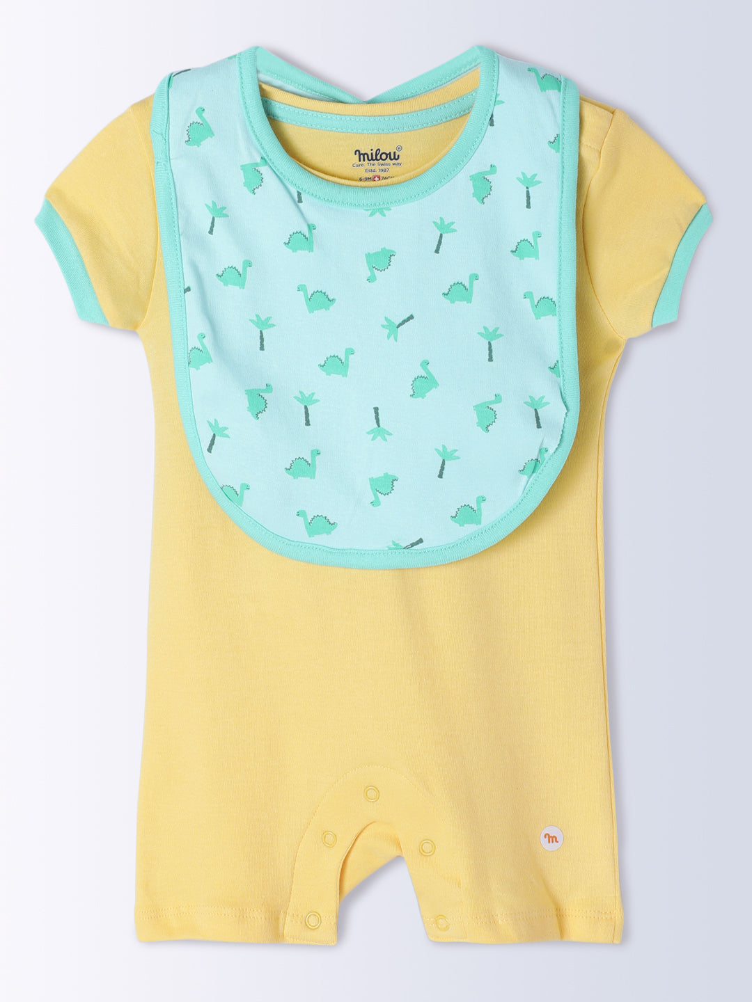 Milou Kids Cotton Bio Washed Self-Designed Printed Romper with Bib for Unisex - Yellow