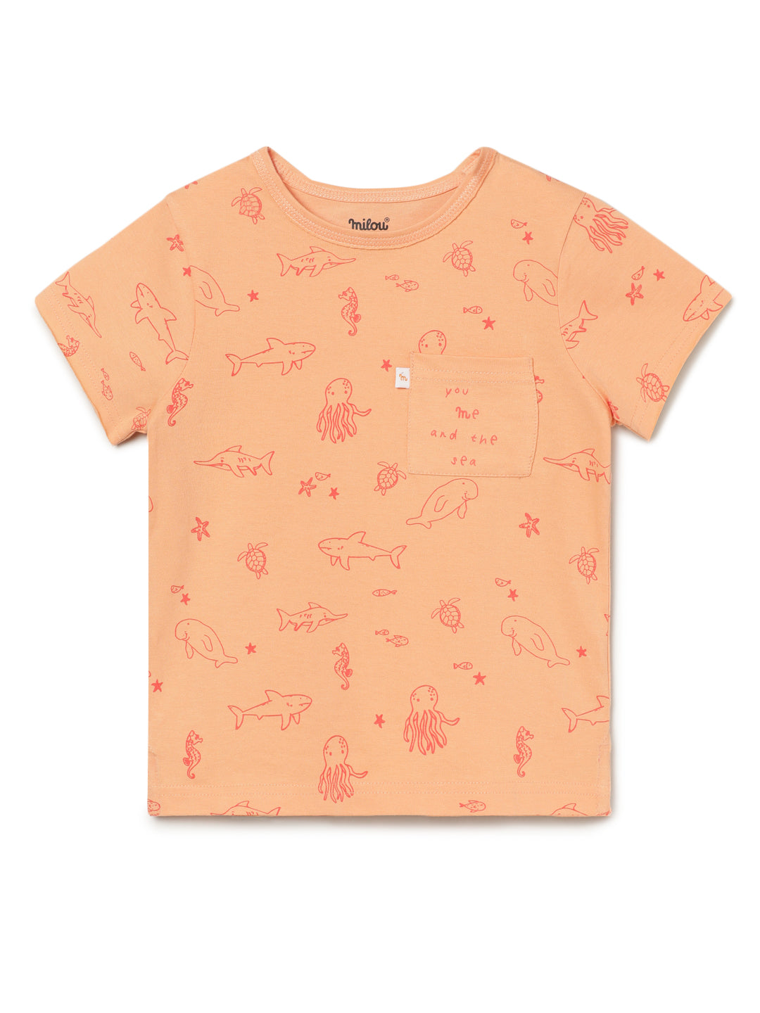 Milou Kids Half Sleeves Cotton Bio Washed Printed T-Shirt for Boys -Peach