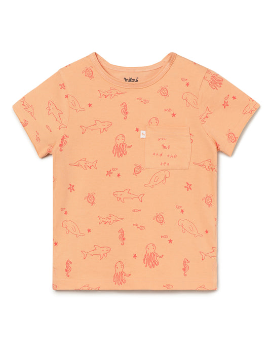 Milou Kids Half Sleeves Cotton Bio Washed Printed T-Shirt for Boys -Peach